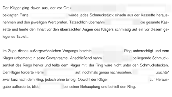 Auszug aus Klage: So soll sich der Ring-Schwindel laut dem 77-Jährigen zugetragen haben.