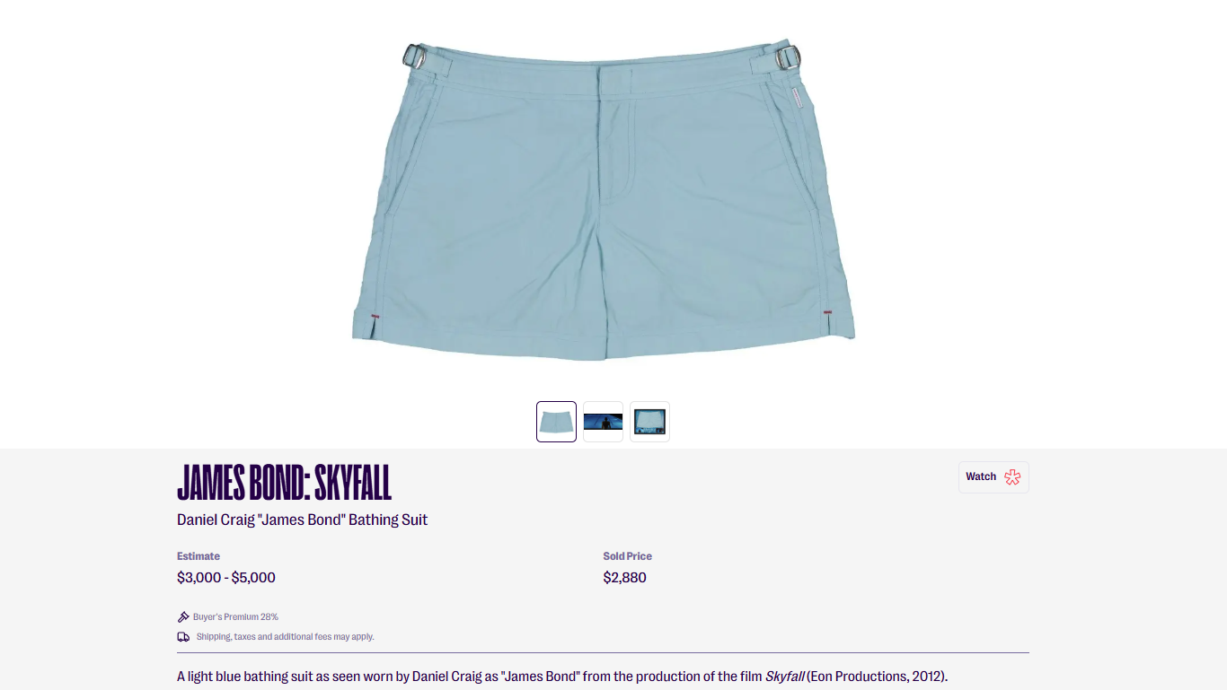 Diese Badehose aus dem "James Bond"-Film "Skyfall" wurde um 2880 Dollar versteigert.