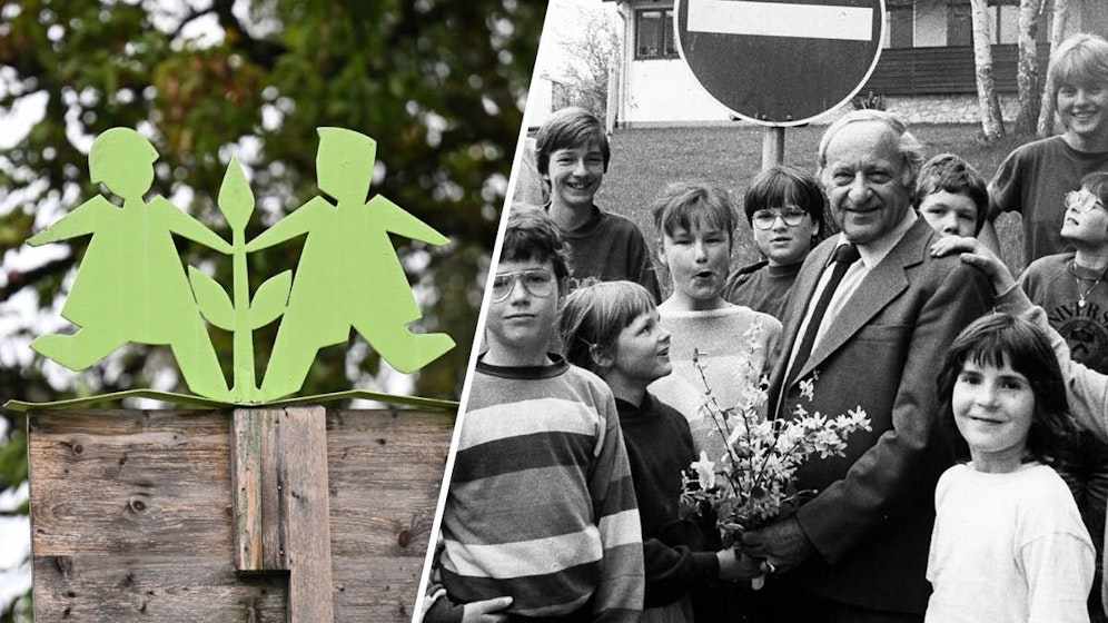 Hermann Gmeiner, Gründer der SOS-Kinderdörfer, umringt von Kindern (1984).