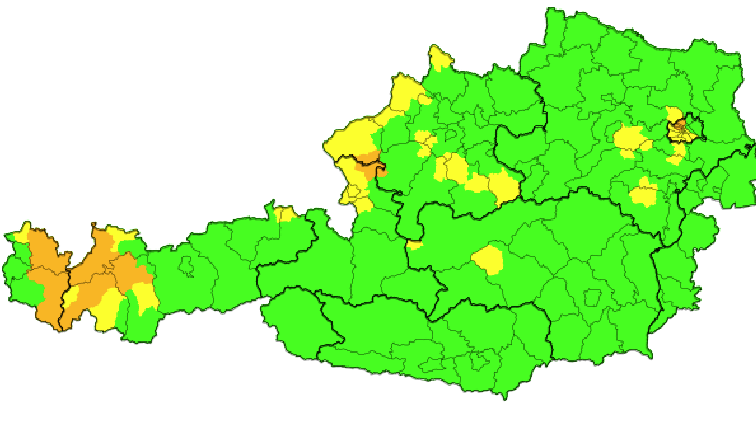 Aktuelle Unwetter-Warnungen für Österreich – es wird vor starkem Schneefall (Westen) und Wind gewarnt.